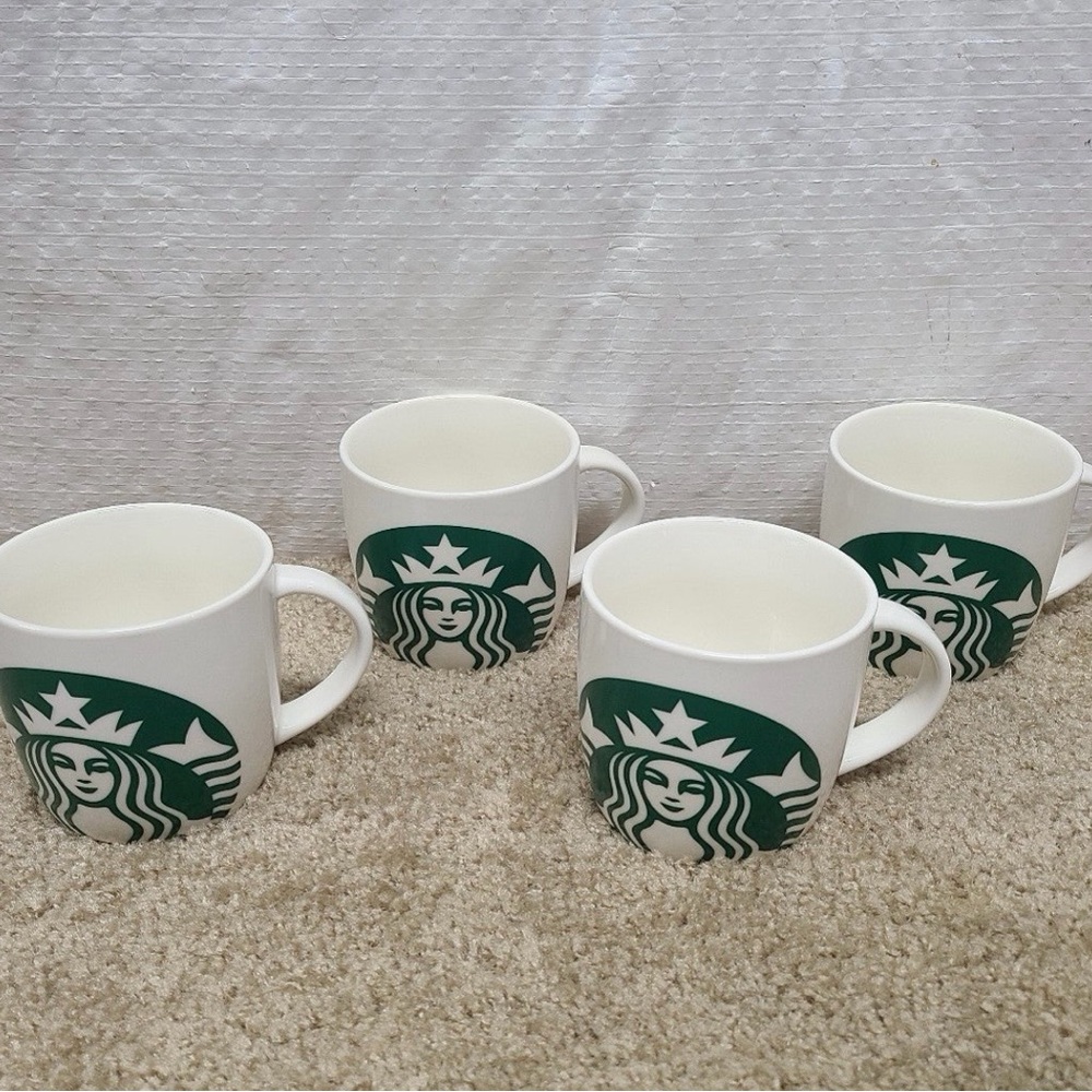 Starbucks White Mugs with Green Mermaid Logo - Set of 4